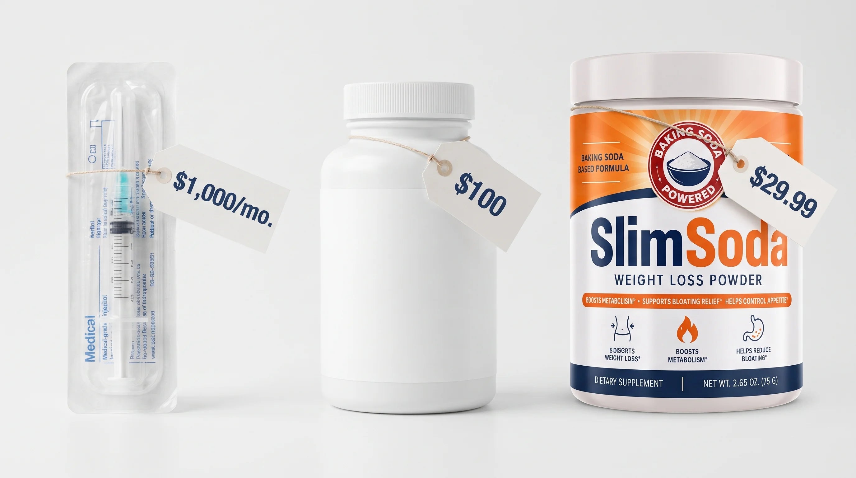 Price comparison: injections up to $1,000 per month, celebrity capsules at $100, and SlimSoda at $29.99