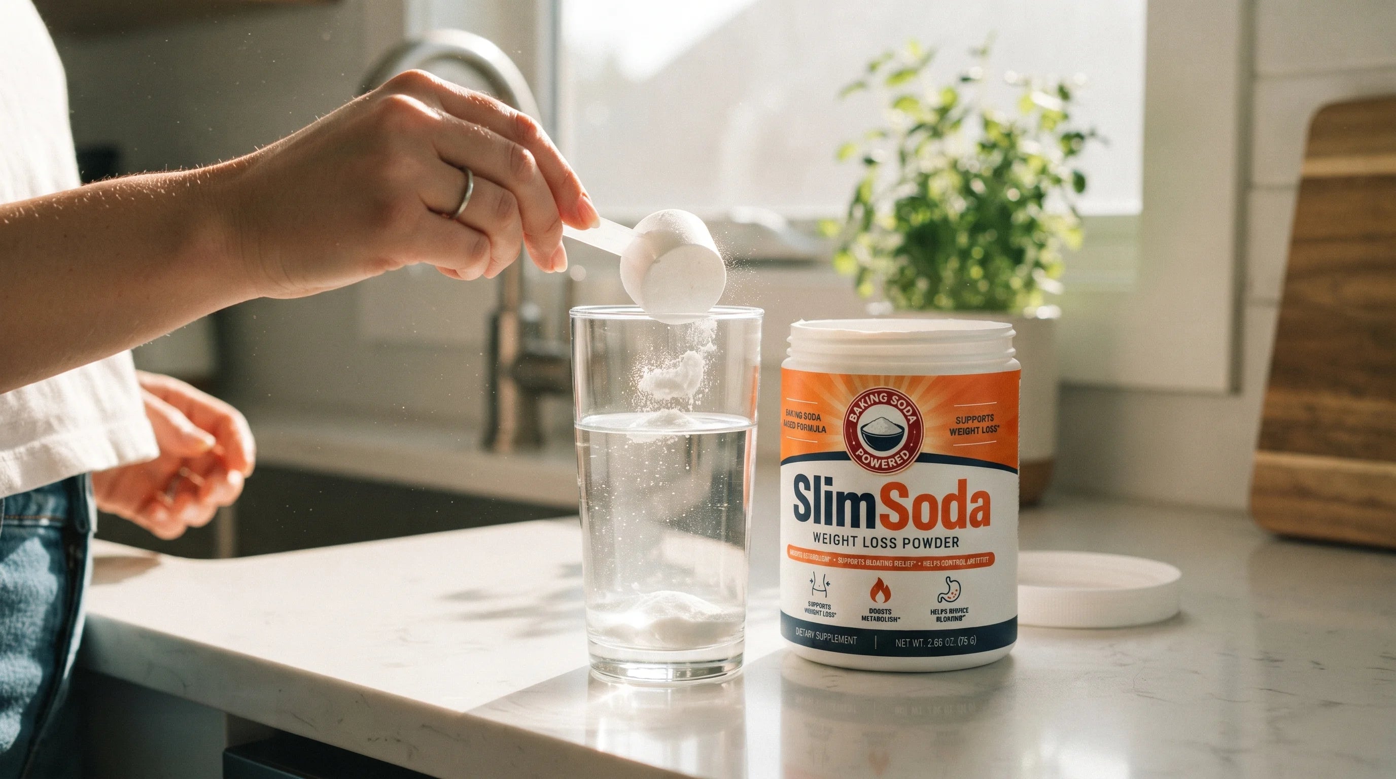 A scoop of SlimSoda powder being added to a glass of water