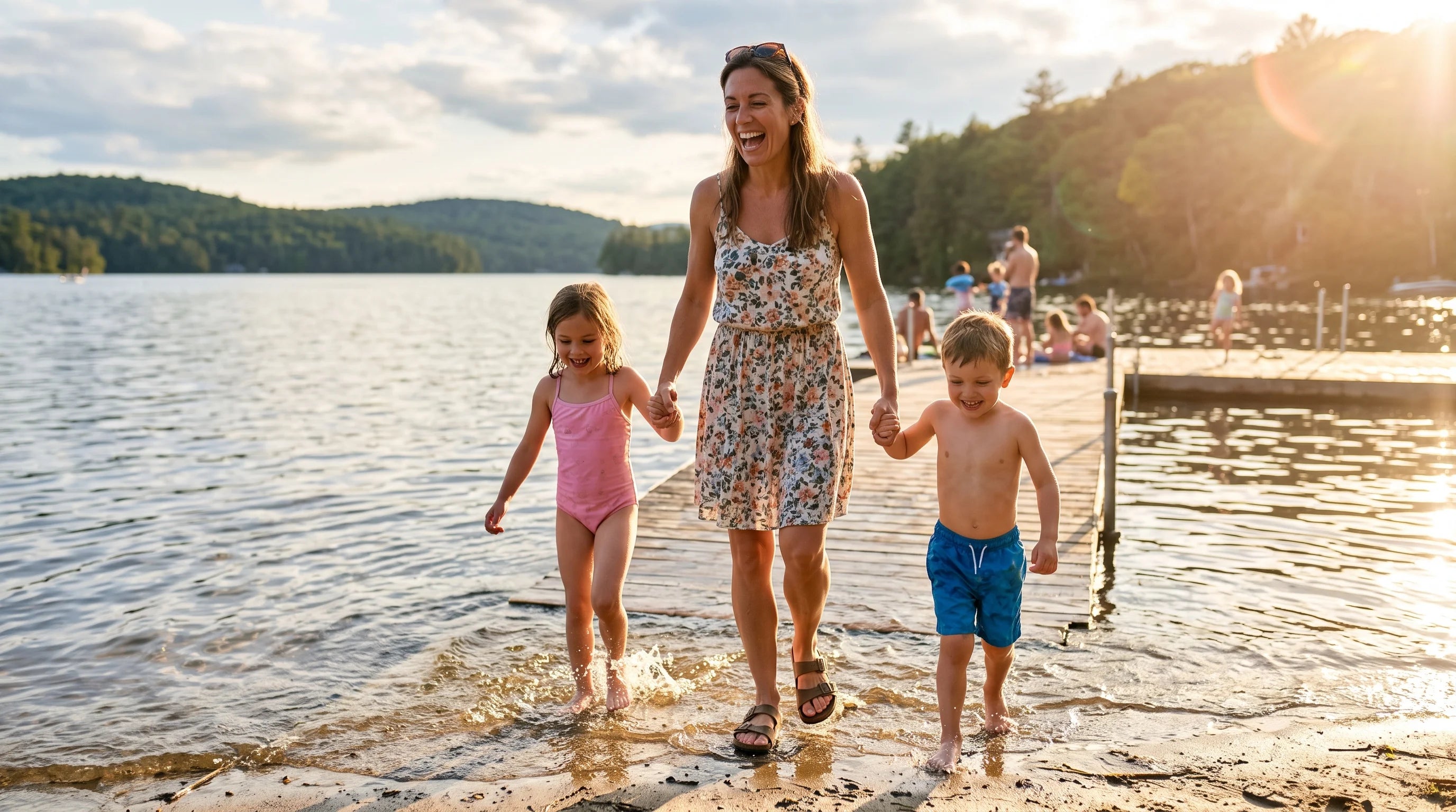 A woman enjoying time with her children at the lake